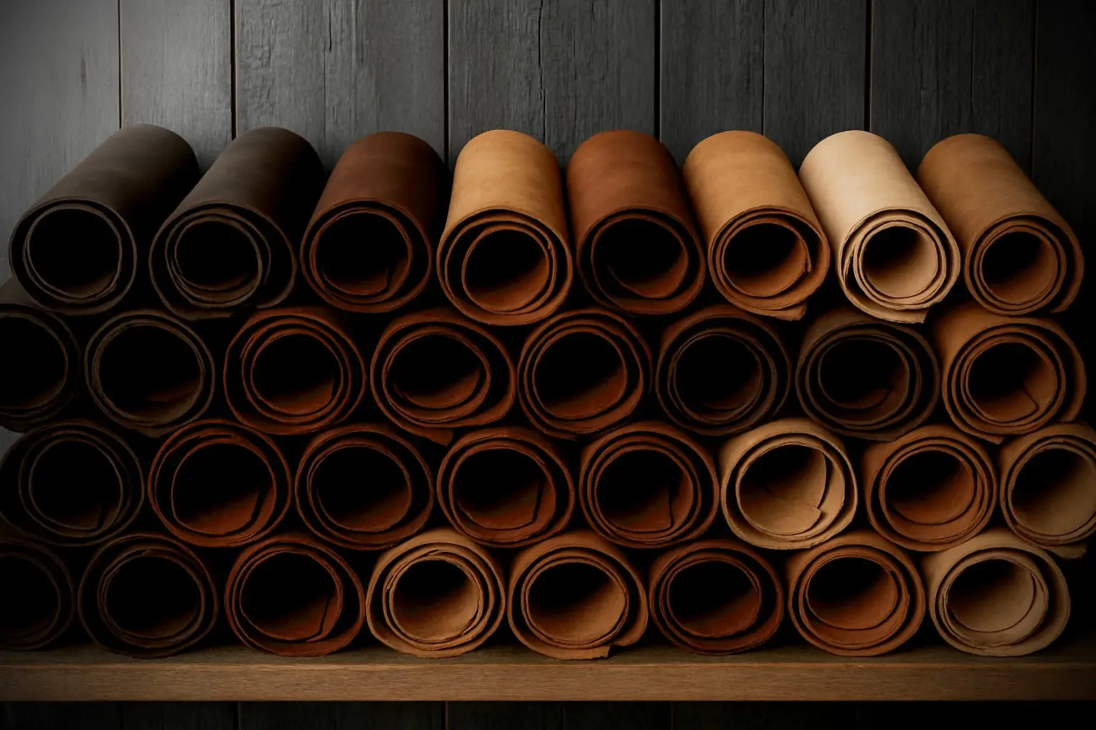 Rolls of leather in the workshop